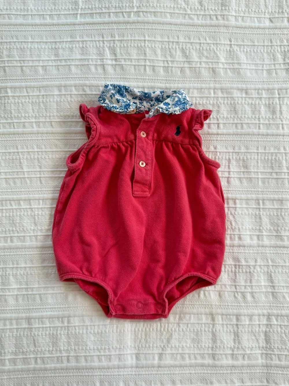 Ralph Lauren 100% Cotton Baby Girl Red Floral Collar Bubble Romper 6M